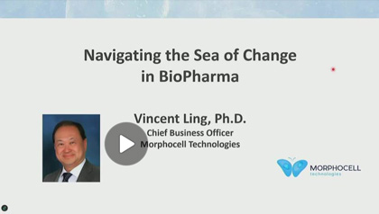 Slide titled ‘Navigating the Sea of Change in BioPharma,’ featuring speaker information for Vincent Ling, Ph.D., Chief Business Officer at Morphocell Technologies.
