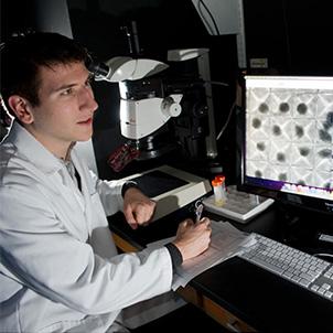 Researcher using a microscope and computer workstation to analyze scientific samples in a laboratory setting.